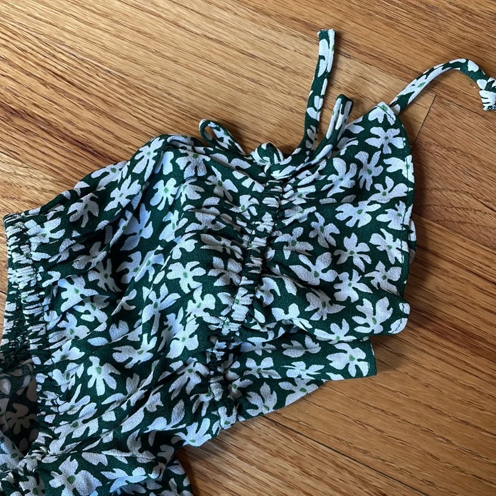 Reformation Green and White Floral Square-Neck Puff Sleeve Top